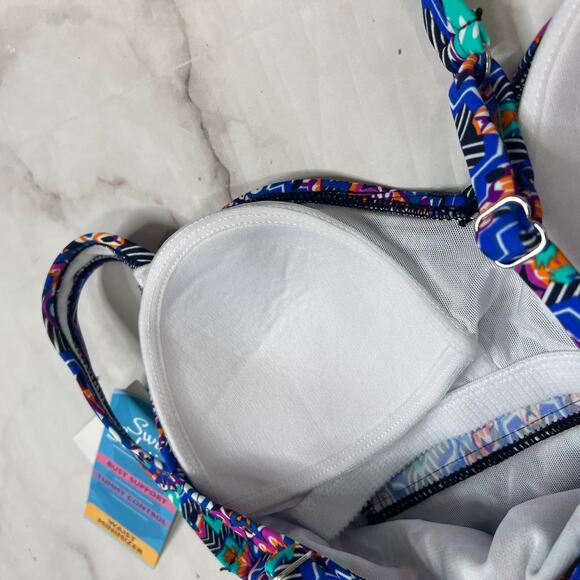 Swim Solutions Shirred Tummy Control One Piece Size 10 Blue Chevron Stripe New - Picture 5 of 6